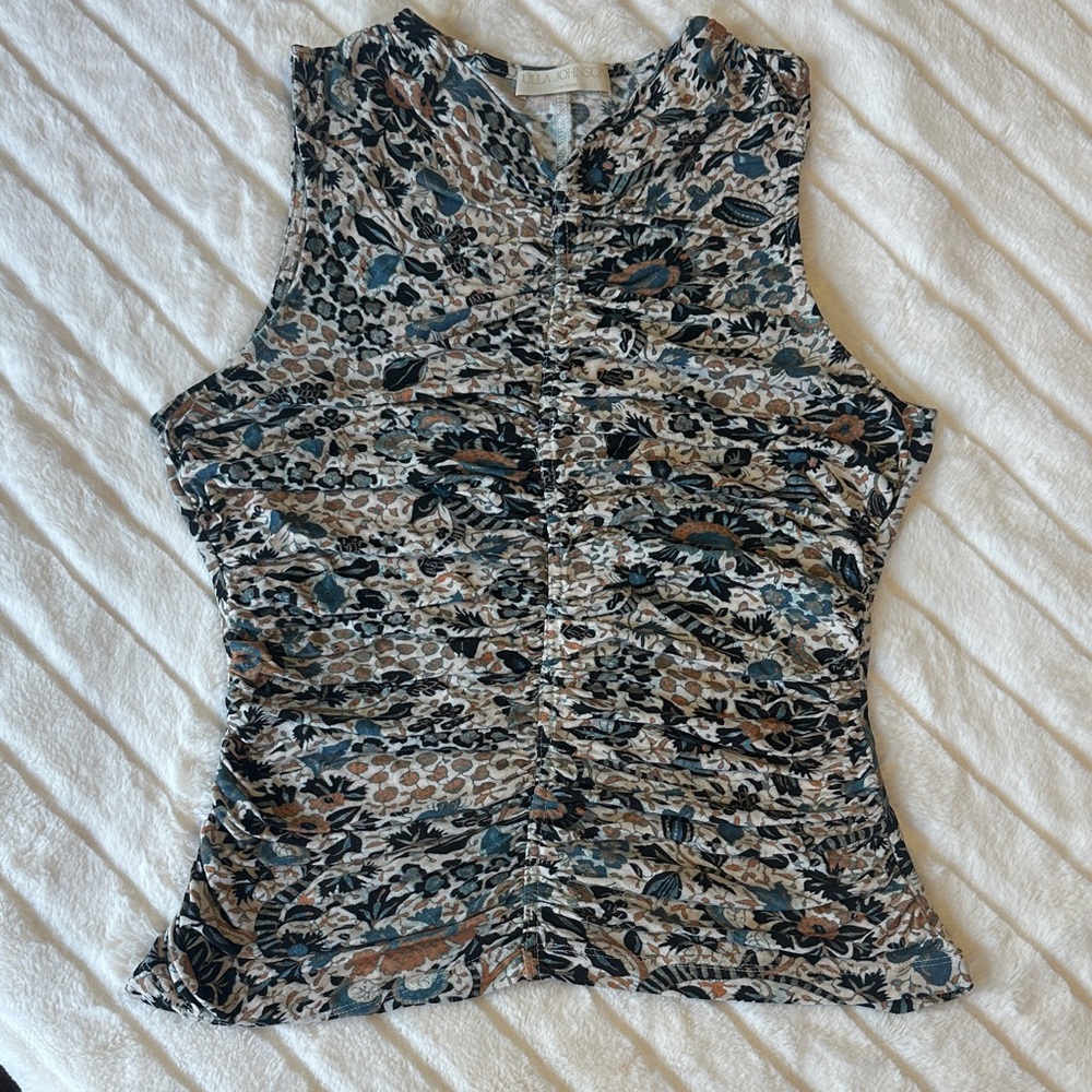 Ulla Johnson Sleeveless Floral Ruched Top - Blue, Cream, Brown